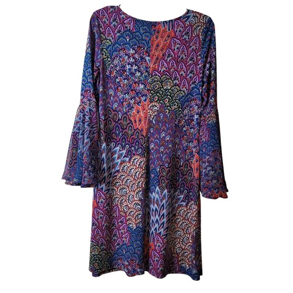 Bohemian Style Bell Sleeve Tunic Dress With Multicolor Peacock Feather Print - Picture 2 of 16